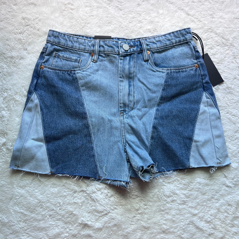 Blank NYC The Reeve Patchwork Denim Shorts Blue High Rise Raw Hem 29 02KA8901